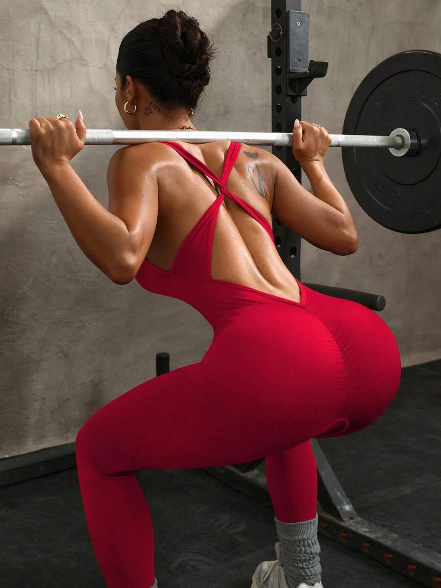 Slayform 女款扭纹镂空后背交叉连体裤，适合中国新年穿着