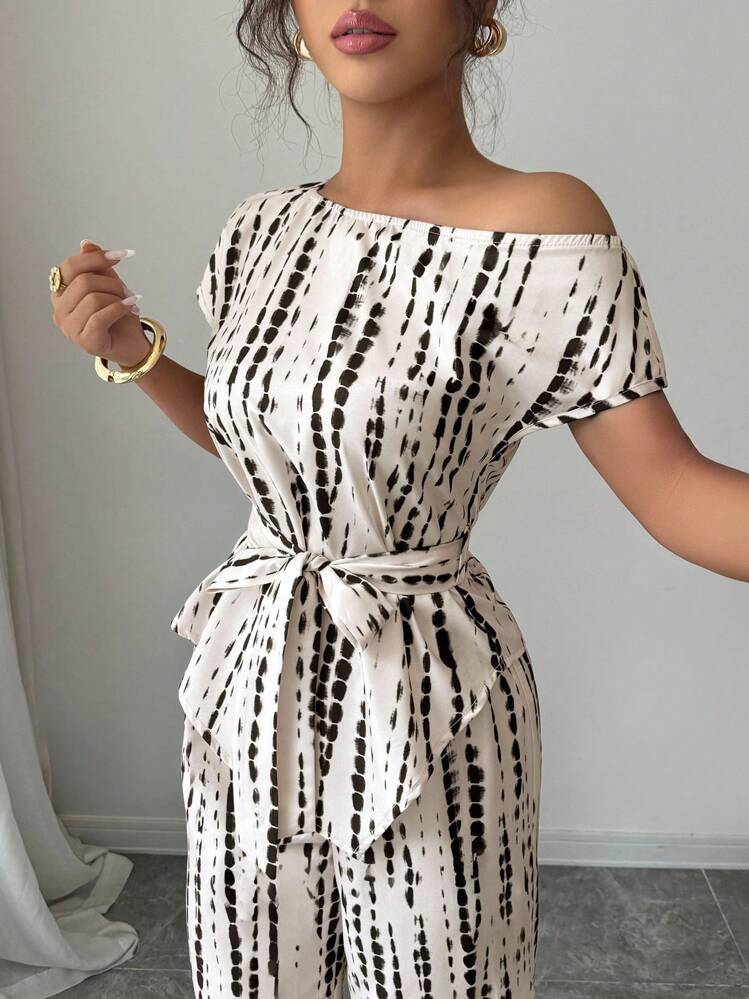 Elenzga Conjunto de verano para mujer, cuello asimétrico, manga tipo murciélago, cintura con cordón, pantalones ajustados, tejido de punto estampado, elegante y versátil estilo joven - Multicolor - Añade 3