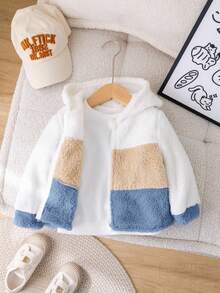 SHEIN Babyboy/Babygirl Casual Cute Colorblock Fluffy Hooded Long Sleeve Jacket, Autumn/Winter Fall - Multicolor - View 3