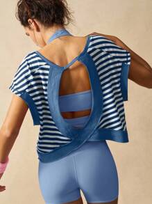 VARSIVA Áo thun thể thao tay ngắn cổ tròn hở lưng họa tiết sọc thời trang mùa hè - Xanh và trắng - Xem 7