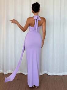 交叉领腰褶饰连衣裙 - 紫色 - 查看 3