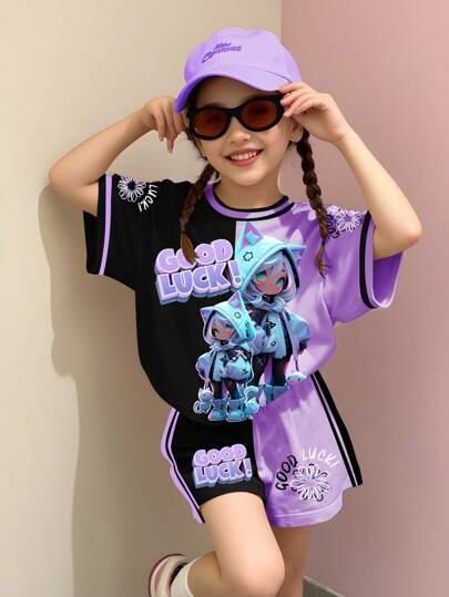 SHEIN Sparklyn Yween 女孩玩家猫幸运卡通动漫印花休闲运动风格适合学校、派对、运动装，女孩青少年数码印花 T 恤 2 件套