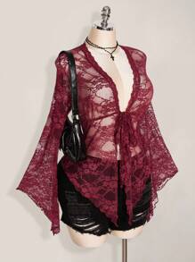 SHEIN ICON 加大码 Y2K 女式西部乡村音乐会波西米亚嬉皮哥特透明勃艮第性感蕾丝扭纹前长袖开衫，适合万圣节 - 酒紅色 - 查看 3