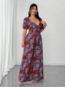 Elenzga 大码女式性感度假风全身印花甜心领泡泡袖束腰阔腿连体裤 - 彩色 - 查看 6