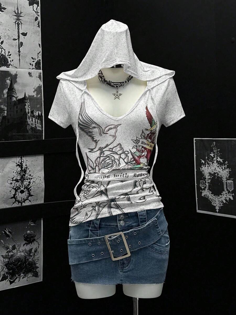 EgrlEra Áo thun hoodie tay ngắn in họa tiết hoa hồng cho nữ - Xám - Xem 1