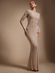 Hauture Sexy Summer Party Night Out Embellished Hot Fix Rhinestone Long Sleeve Deep Back Maxi Dress - Khaki - View 2