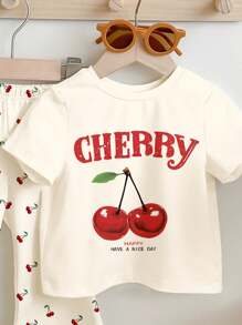 SHEIN 2pcs/Set Young Girl Vintage Cute Cherry Pattern Round Neck Short Sleeve T-Shirt And Flare Pants Outfit,Suitable For Summer,School,Back-To-School - Multicolor - View 4