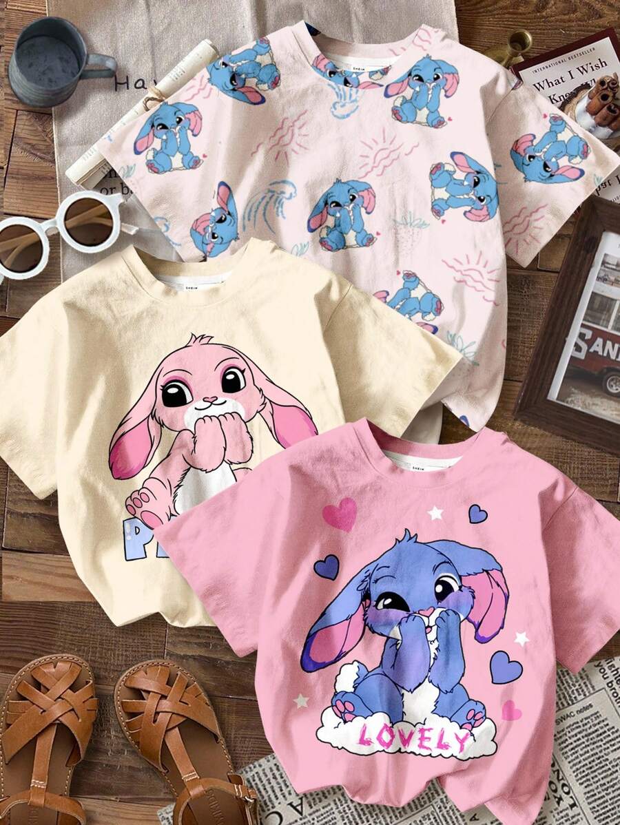SHEIN Leap Crew 2 件套 Kawaii Naughty Lulu 蝴蝶结兔子,粉色和奶油白色,青少年女孩休闲简约短袖圆领 T 恤,适合夏季、返校季、2000 年代风格、清凉夏日、度假氛围 - 彩色 - 查看 1