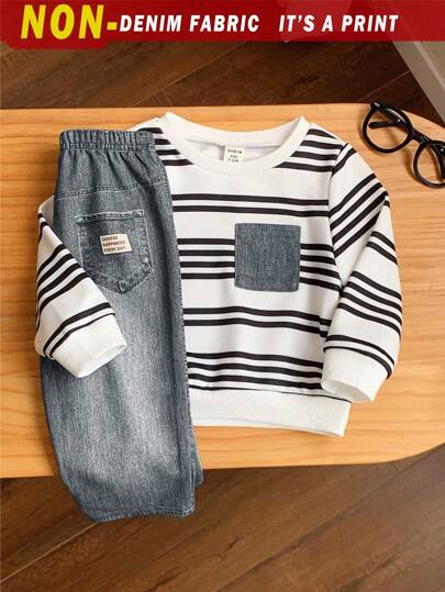 SHEIN 两件套男/女婴撞色口袋条纹圆领长袖卫衣和休闲裤套装，适合日常穿着、居家、上学等多种场合。男婴条纹卫衣套装，男婴秋冬休闲套装。