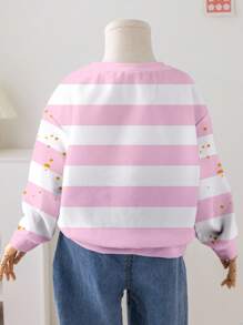 SHEIN 可爱芭蕾猫印花，粉色条纹，年轻女孩休闲宽松圆领柔软日常针织长袖运动衫，适合秋冬季 - 彩色 - 查看 2