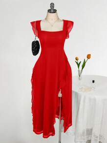 SHEIN ICON 加大码方领荷叶边修身连衣裙，适合婚礼、派对、婚礼宾客、浪漫春季装扮 - 紅色 - 查看 1