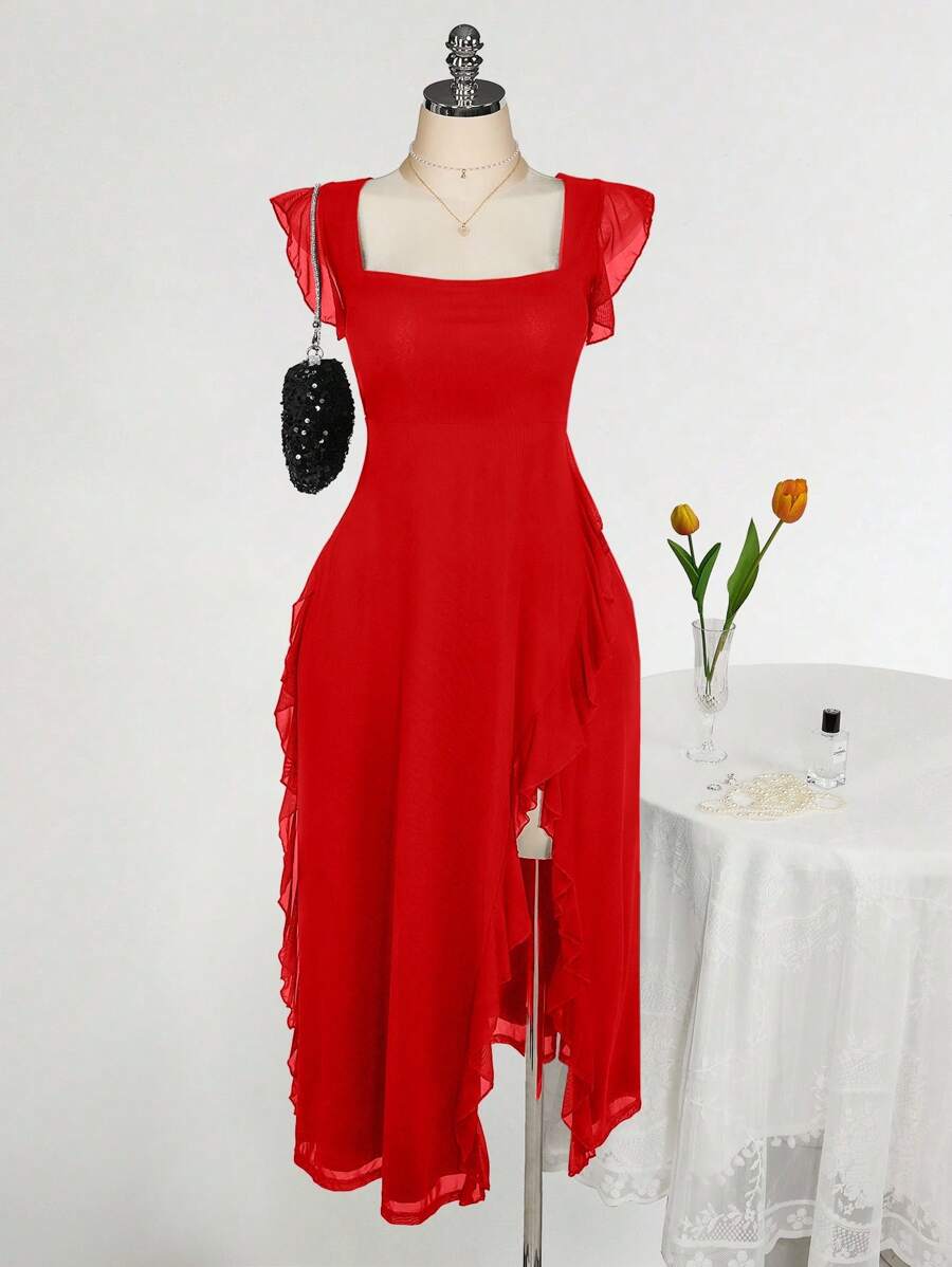 SHEIN ICON 加大码方领荷叶边修身连衣裙，适合婚礼、派对、婚礼宾客、浪漫春季装扮 - 紅色 - 查看 1