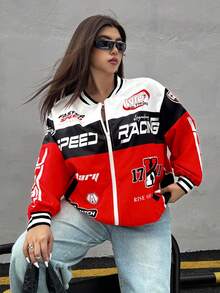 Muchica Plus Size Fashion Street Casual Outdoor Zip-Up Long Sleeve Jacket For Women Racing Jacket Women Motorcycle Jacket Women Streetwear For Women Winter Fall Autumn