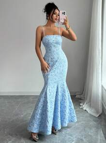 Selianne Elegant Fashion Sleeveless Cross Tie Blue Floral Textured Satin Halter Fishtail Women Wedding Guest Gown Party Dress Summer Dress