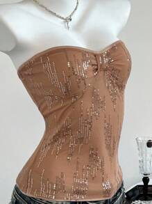 SHEIN Unity Top corta con bandeau fruncida con lazo de lentejuelas - Champán - Ver 5