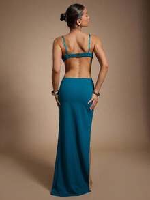 Hauture Falda maxi con abertura alta y flor dorada para fiesta de verano sexy - Azul - Ver 2