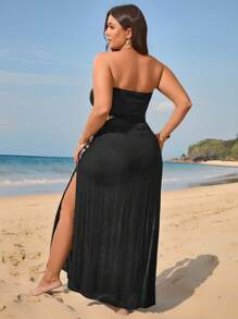 Swim Vcay Plus Size Solid Strapless Slit Cover Up Dress, Beach & Vacation For Summer - Black - View 2