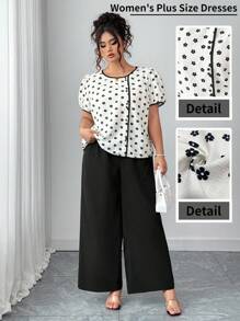 Elenzga Plus Size Women Contrast Color Ditsy Floral Short Sleeve Slimming Casual Elegant Top & Wide Leg Pant 2 Pieces Set