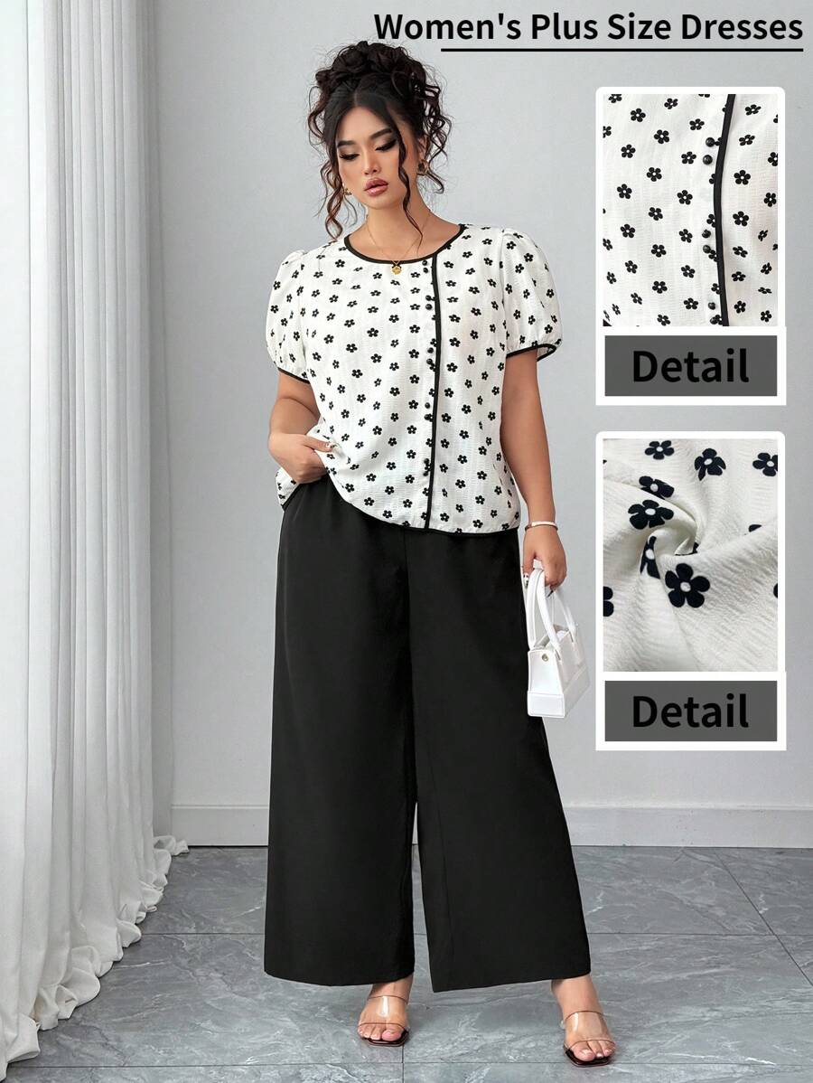 Elenzga Plus Size Women Contrast Color Ditsy Floral Short Sleeve Slimming Casual Elegant Top & Wide Leg Pant 2 Pieces Set