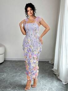 Elenzga 大码女式3D花卉印花淑女海滩度假连衣裙 - 紫色 - 查看 5