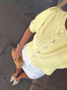 Elenzga Summer Vacation Yellow Pearl Button Puff Sleeve Cardigan - Yellow - View 7