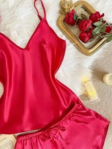 SilkySpell Set de lencería de 2 piezas para mujer compuesto por top de tirantes con escote pronunciado y shorts, de malla transparente y acabado de encaje de satén elegante