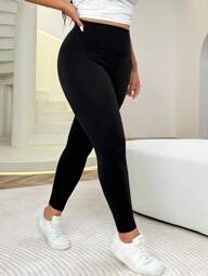 Solflare Plus Size High Waist Slimming Black Skinny Pants, For Women