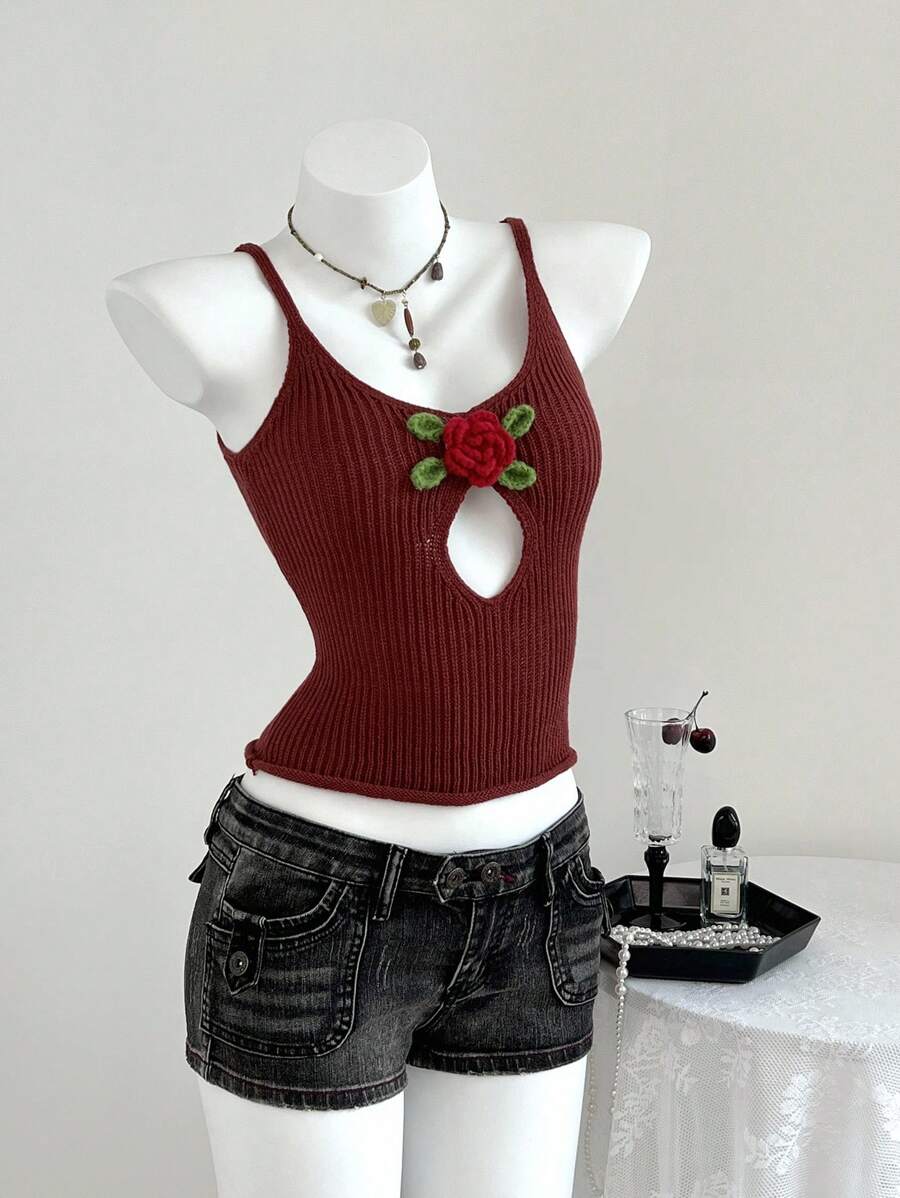 Elamini Women's Solid Color Applique Hollow Out Fitted Fashionable Camisole Sweater Knit Pullover Fall Winter