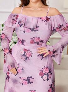 Modelyn 大码女式荷叶边露肩喇叭袖紧身花卉印花优雅浪漫度假长裙 - 彩色 - 查看 6