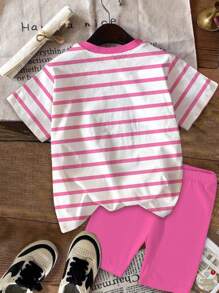 SHEIN 2pcs/Set Tween Girls' Casual Minimalist Pink Striped Heart Pattern Short Sleeve T-Shirt And Shorts, Back To School, Preppy Style, Suitable For Summer - Multicolor - View 3