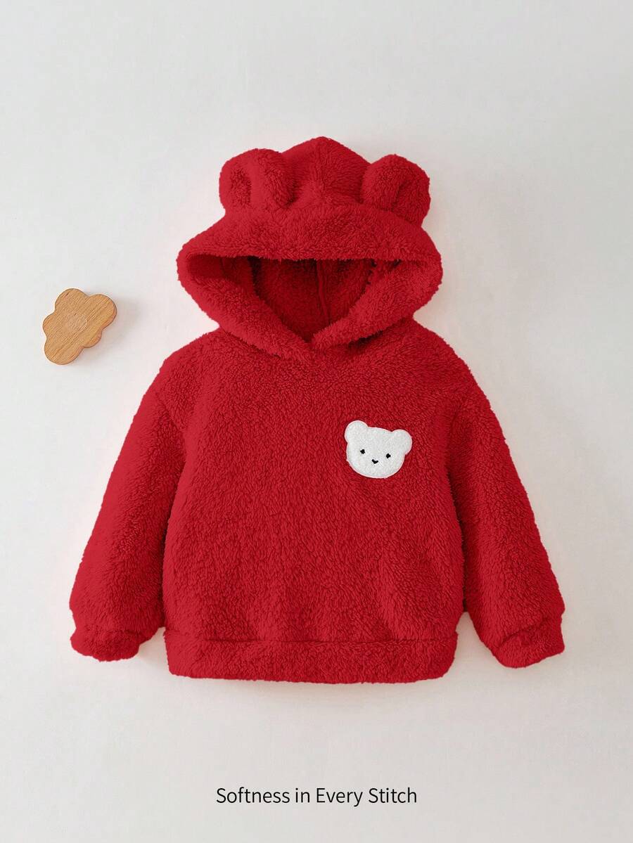 Cozy Pixies 女婴卡通熊耳朵连帽羊毛套头衫 - 紅色 - 查看 1