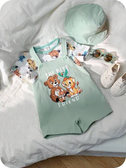 SHEIN 3 件套男婴/女婴休闲可爱动物狮子印花圆领针织毛衣上衣和短裤带帽子套装，适合春夏季穿着、居家或外出、派对