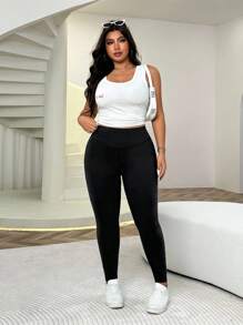 Solflare 加大码高腰修身黑色紧身裤，女款 - 黑色 - 查看 3