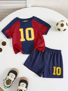 SHEIN 2件套男婴/女婴运动风红蓝条纹球衣上衣和短裤套装，巴塞罗那队款，适合室内、室外、休闲、运动、玩耍、派对、拍照、度假、比赛、春夏穿着。男婴足球服套装，男婴足球套装，男婴夏季服装。 - 藍色 - 查看 7