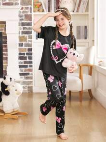 可爱珍珠心形蝴蝶结印花女童睡衣 - 黑色 - 查看 5