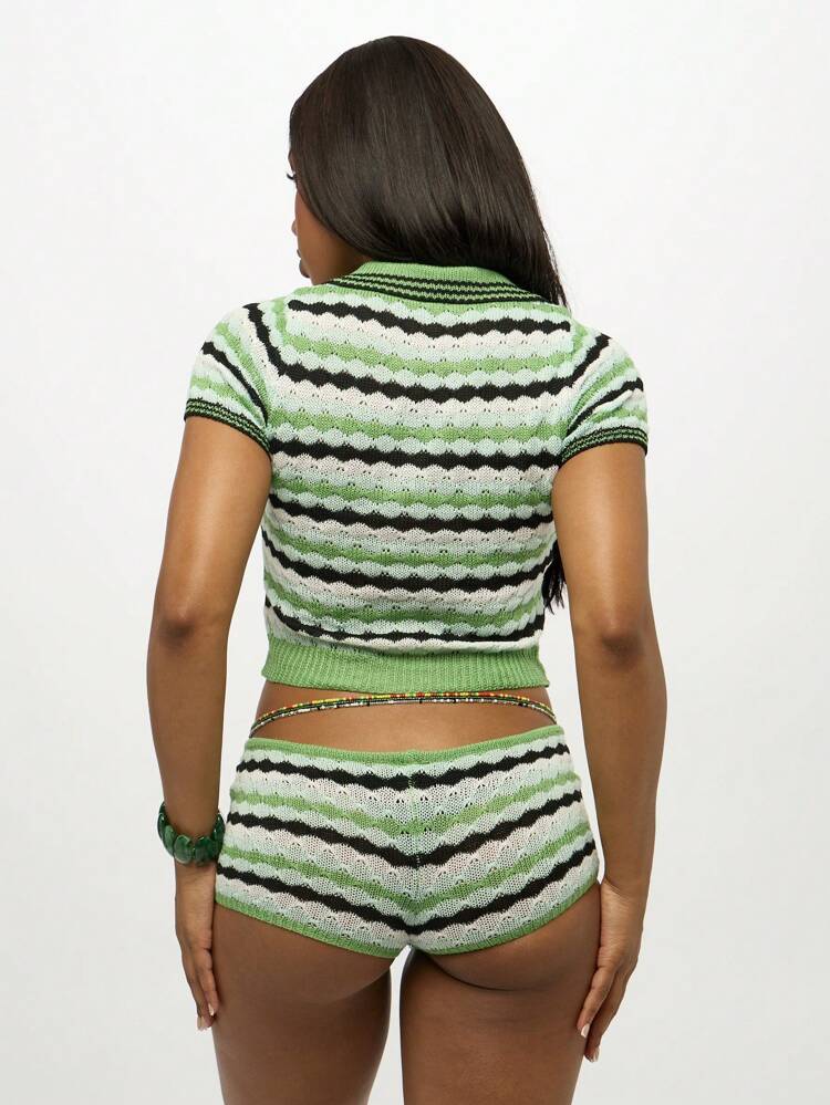 SUMWON WOMEN Striped Crochet Knit Polo Top And Shorts Set