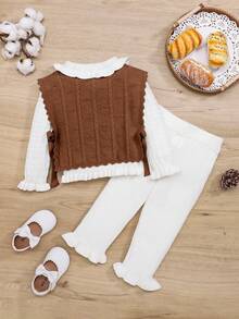 SHEIN 3件套婴儿可爱宽松长袖毛衣背心裤子套装女婴针织服装针织两件套幼儿中性女婴衣服女婴毛衣套装秋冬女婴针织套装 - 彩色 - 查看 2