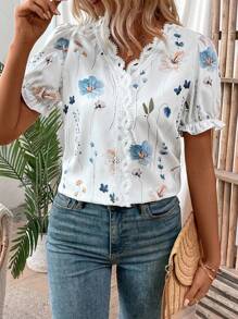SHEIN LUNE Women's Vacation Leisure Floral Print Contrast Lace Puff Sleeve Shirt,Short Sleeve Tops