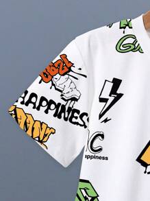 2pcs Toddler Boys' Letter Graffiti Print Round Neck Short Sleeve White T-Shirt And Khaki Woven Shorts Street Fashion Set, Summer, School, Campus, College - Khaki - View 3