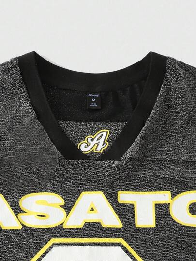 Prep Camiseta deportiva de manga corta con cuello en V, estampado de letras y tela brillante con estrellas para hombres