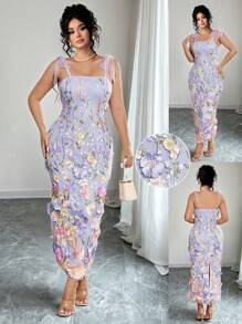 Elenzga 大码女式3D花卉印花淑女海滩度假连衣裙 - 紫色 - 查看 1