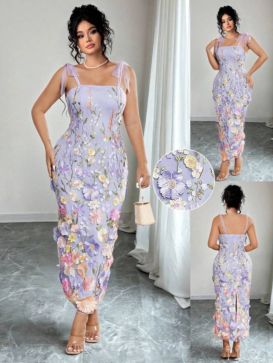 Elenzga 大码女式3D花卉印花淑女海滩度假连衣裙 - 紫色 - 查看 1