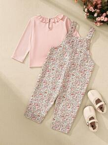 Souflis Souflis 2 件套幼儿女童复古花卉灯芯绒吊带裤 + 提花针织长袖 T 恤套装，适合日常穿着、家庭聚会的休闲装 - 珊瑚粉 - 查看 2