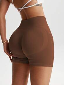 Easithlete 无缝高弹力运动短裤，适合瑜伽和运动女士运动短裤、健身短裤、骑行短裤 - 咖啡棕 - 查看 2
