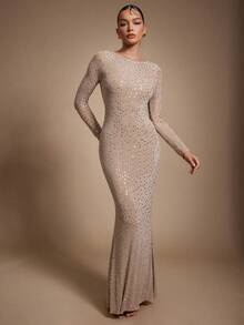 Hauture Sexy Summer Party Night Out Embellished Hot Fix Rhinestone Long Sleeve Deep Back Maxi Dress - Khaki - View 5
