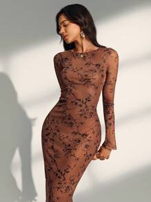 Almamuse Vestido largo ajustado con mangas divididas y estampado floral ditsy de malla para mujer