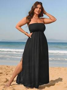 Swim Vcay Plus Size Solid Strapless Slit Cover Up Dress, Beach & Vacation For Summer - Black - View 3
