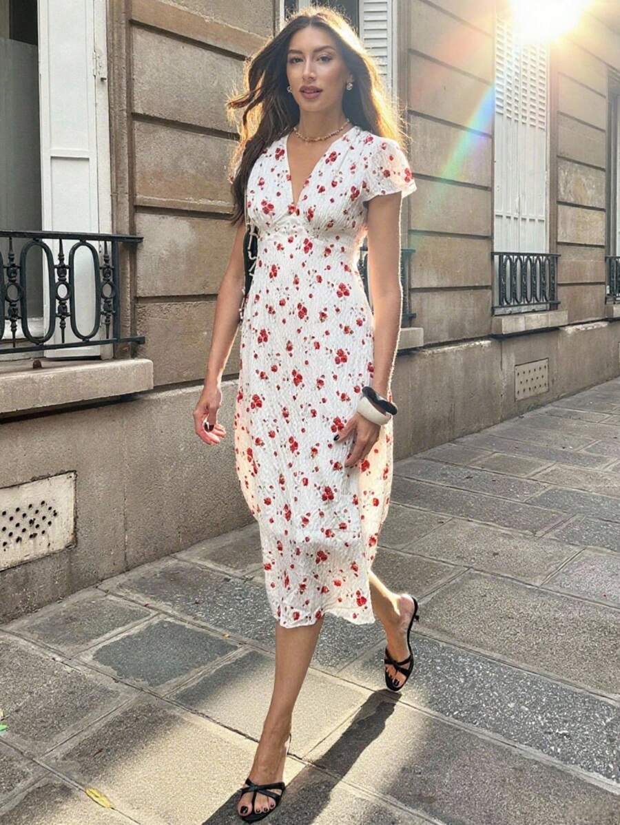 Chiquease Rose Floral V-Neck Short Sleeve High Waist A-Line Dress Summer Dress Clothes For University - White - View 1