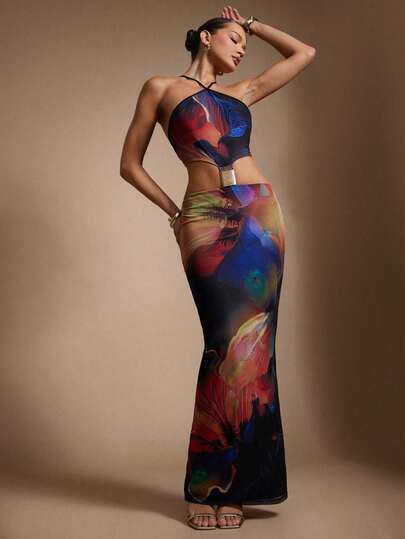 Hauture Vestidos largos florales abstractos sexys para mujer con cuello alto y decoración de metal estilo