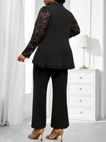 SHEIN Lady Spring And Summer Autumn And Winter Elegant Commuting Office Black Knitted Contrast Lace Plicated Long Long Sleeve Plus Size Faux Fur Coats Plus Size Co-Ords - Black - View 2